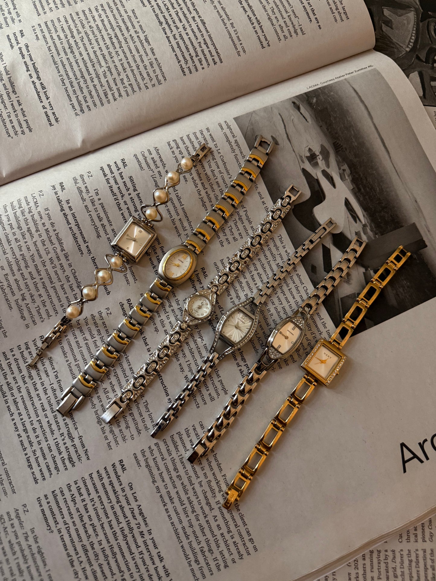 Silver square pearl band watch