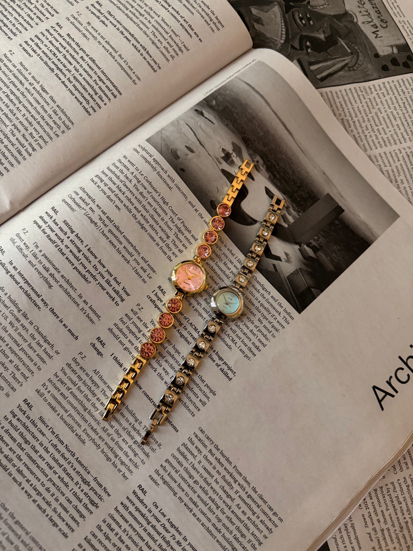 Gold pink face circle embellished band watch