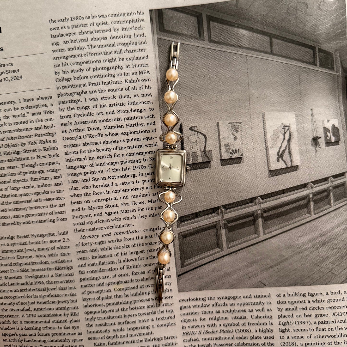 Silver square pearl band watch