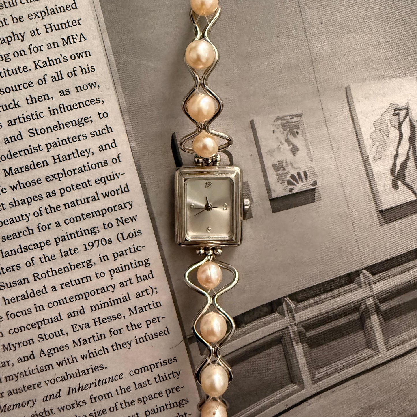 Silver square pearl band watch