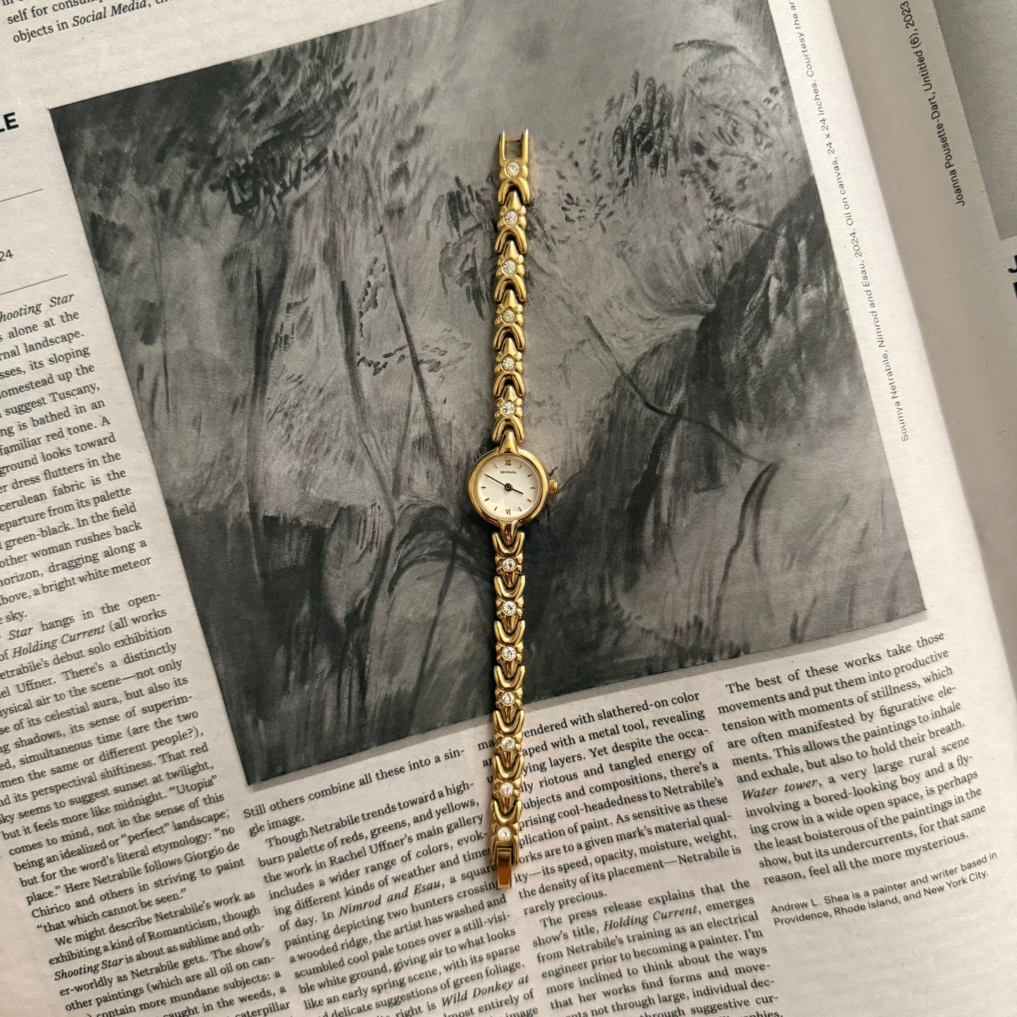 Gold slim circle embellished watch