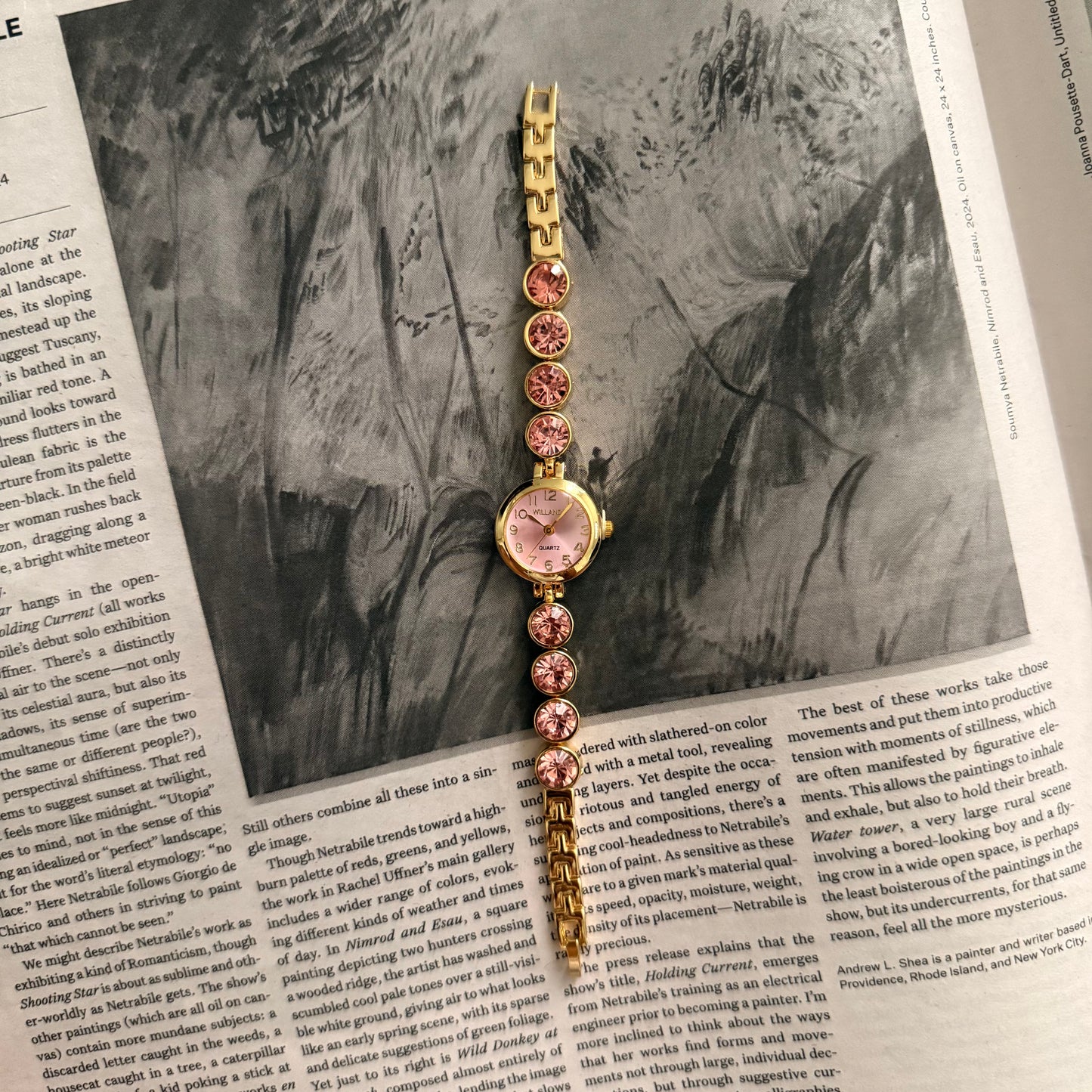 Gold pink face circle embellished band watch