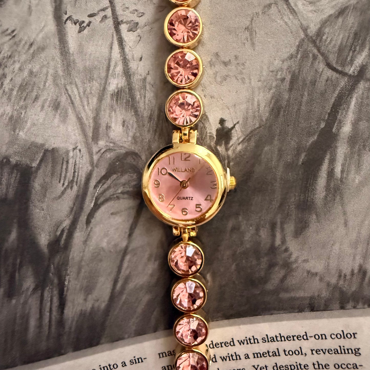 Gold pink face circle embellished band watch