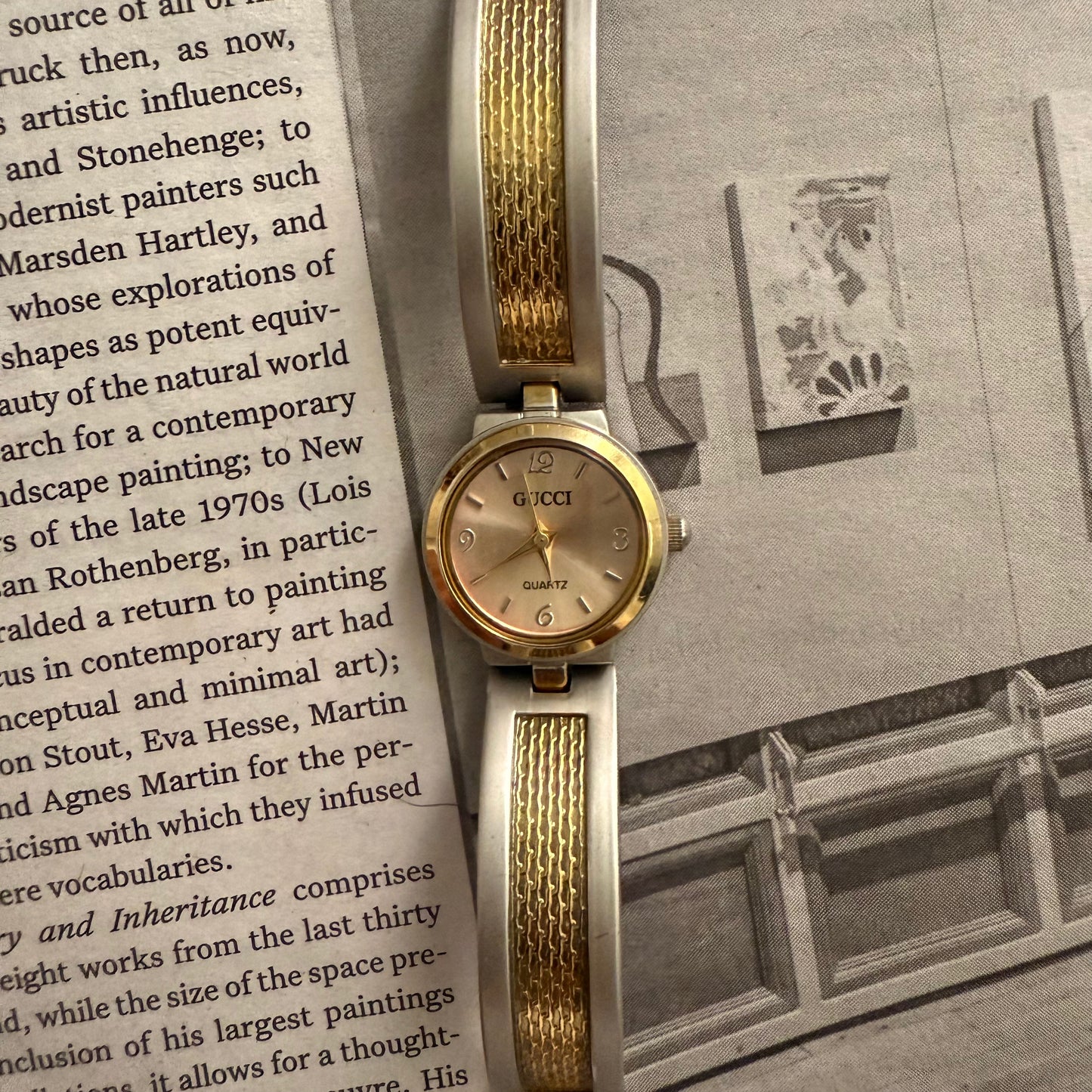 Gucci matte two tone mesh cuff watch
